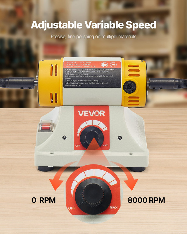 VEVOR Bench Buffer Polisher, 1/2HP Polishing and Buffing Machine, 0 to 8000RPM B gallery