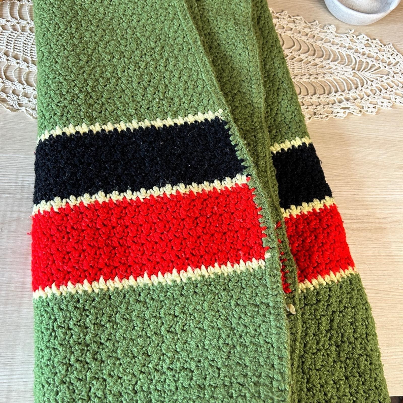 Handmade Crochet Throw Blanket Green Red Black Stripes Cozy Retro Blanket Rustic gallery