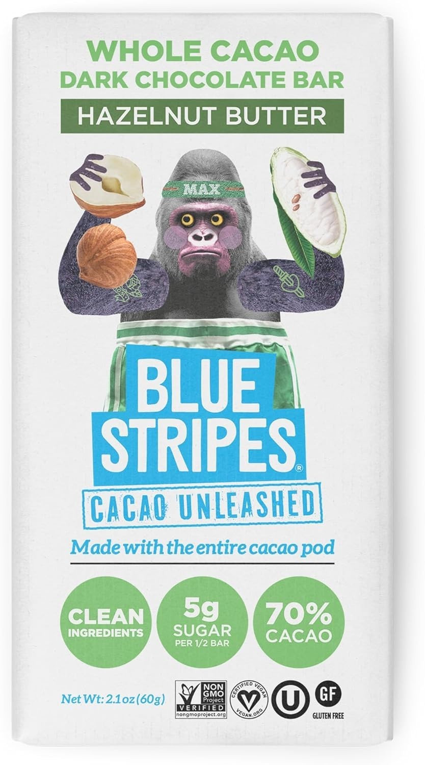 Blue Stripes Whole Cacao Hazelnut Butter Chocolate PACK 12, Bar 2.1 OZ gallery
