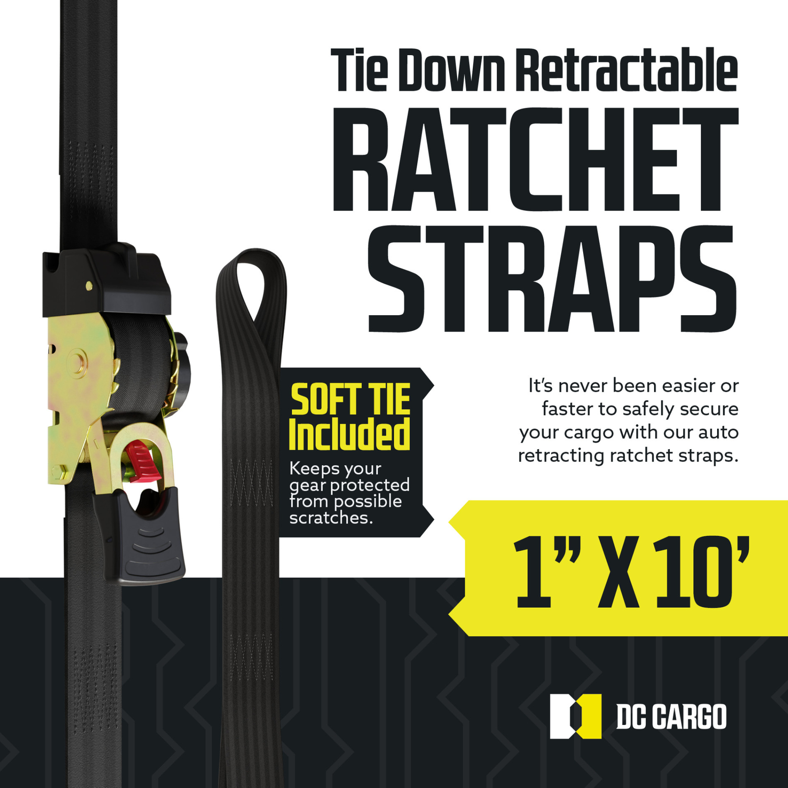 DC Cargo Retractable Ratchet Straps w/ S-Hooks + Soft Loop 1" x 10' 2-pack gallery
