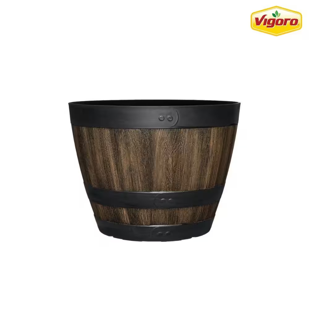12.8 In. Reedley Medium Kentucky Walnut Brown Resin Barrel Planter (12.8 In. D X gallery