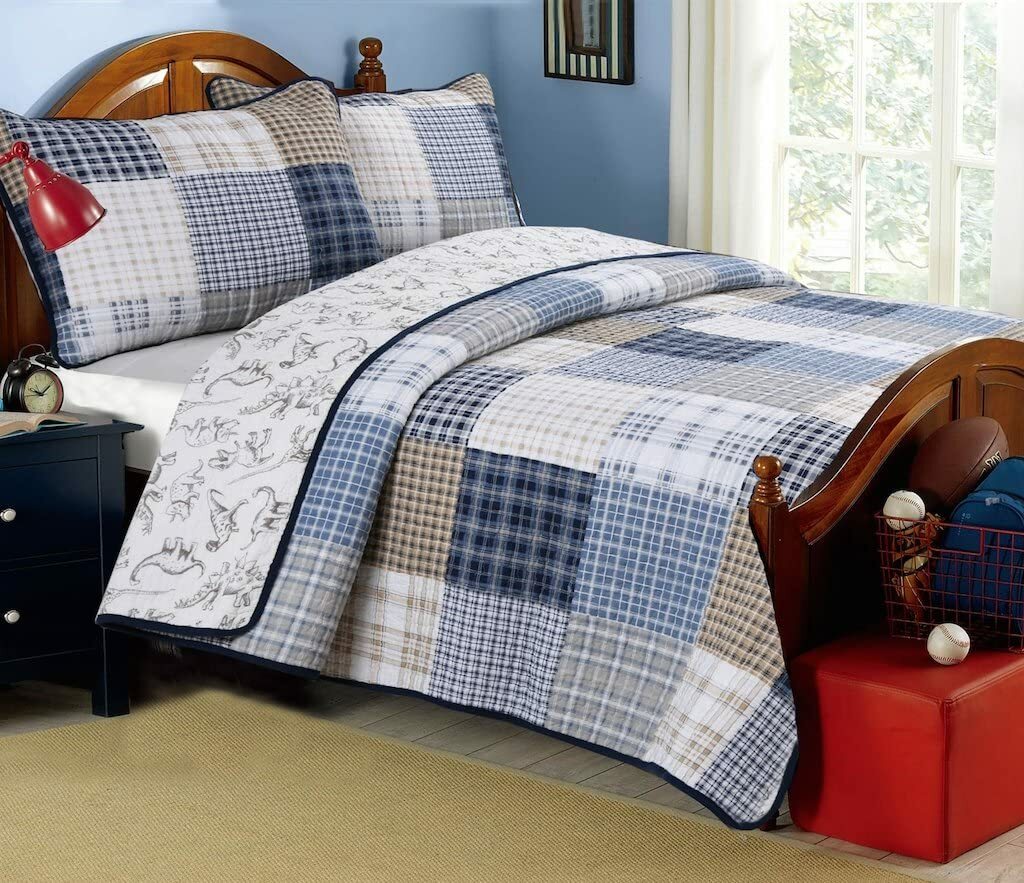 Blue Gray Plaid Dinosaurs 3 pc Quilt Set Twin Full Queen King Cotton Coverlet gallery