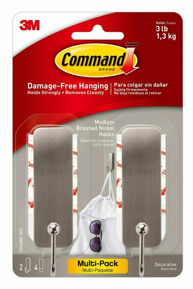 Command Decorative Wall Hooks Brushed Nickel Damage Free Holds Up to 3 Pounds