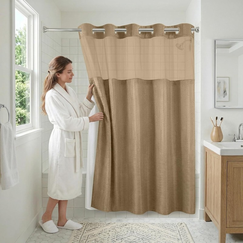 72x75 Hookless Waffle Pattern Shower Curtain - Water-Resistant Long Shower gallery