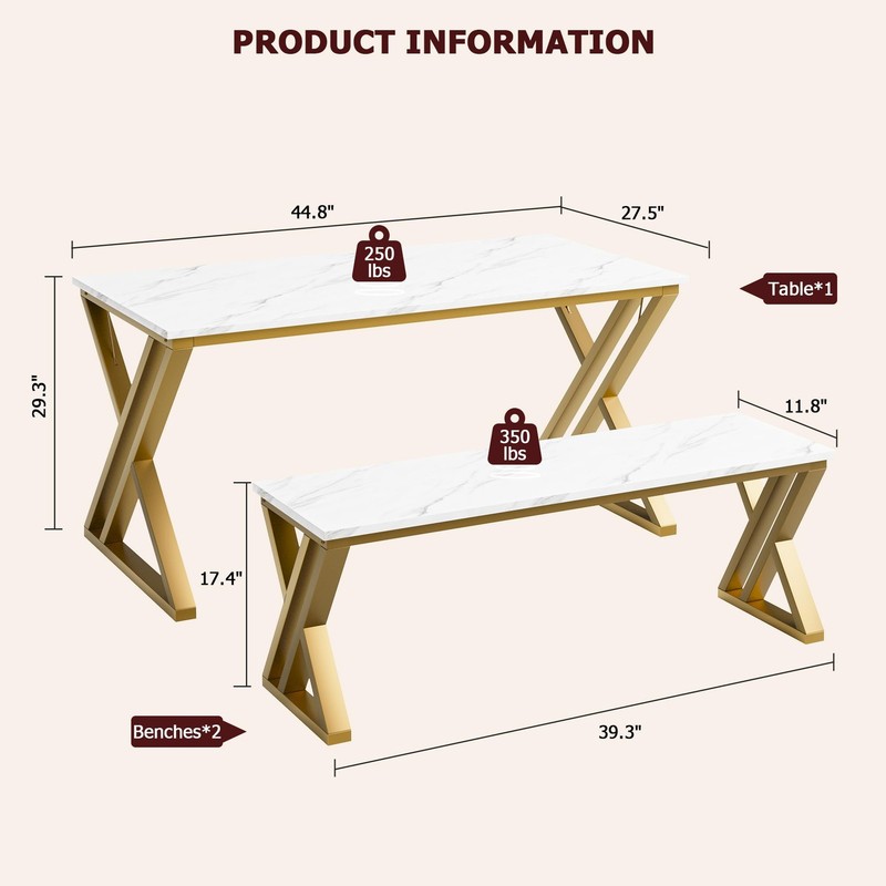 Dining Table Bench Set for 4, Kitchen Table Set With 2 Benches, Rectangular D... gallery
