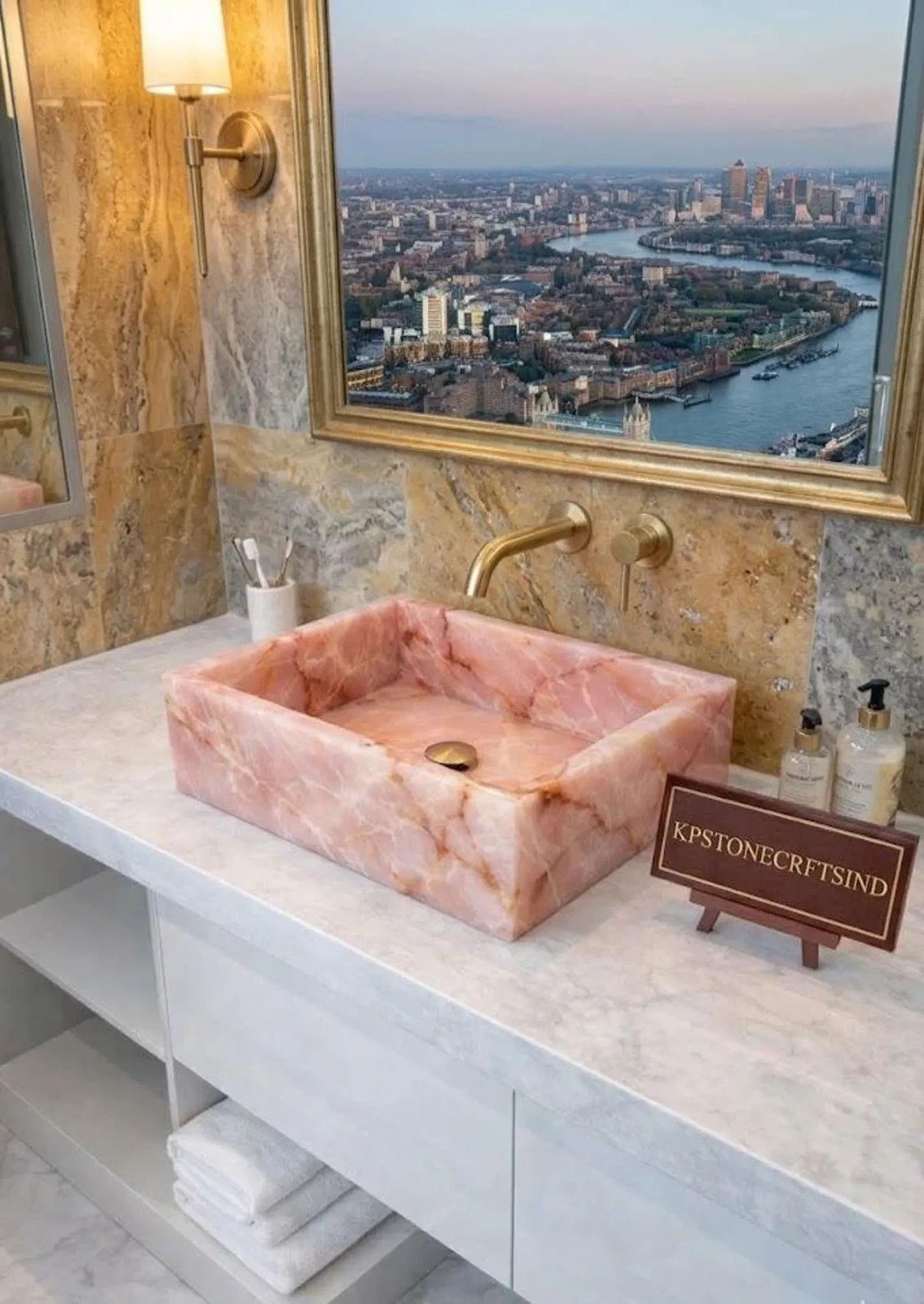 12"x15" Luxury Rose Quartz Rectangular Vessel Sink Handcrafted Natural Gemstone gallery