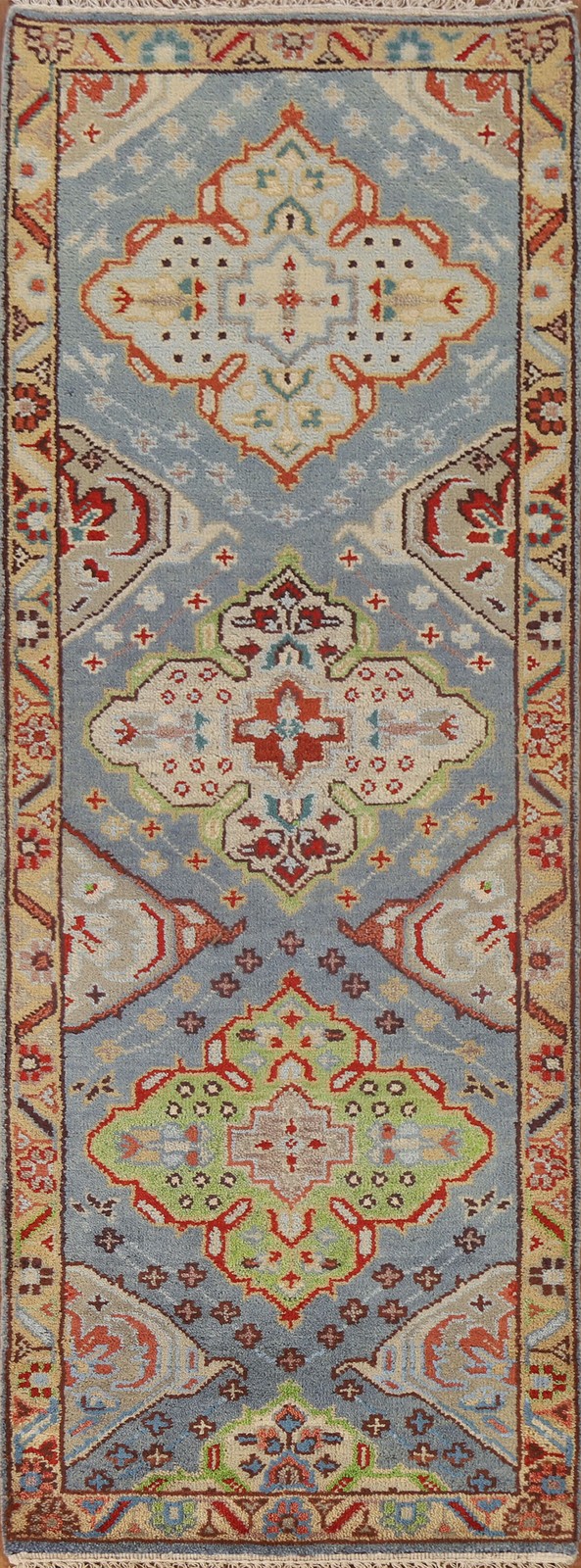 Geometric 8 ft Runner Rug 3x8 Light Blue Wool Hand-knotted Oriental Carpet gallery