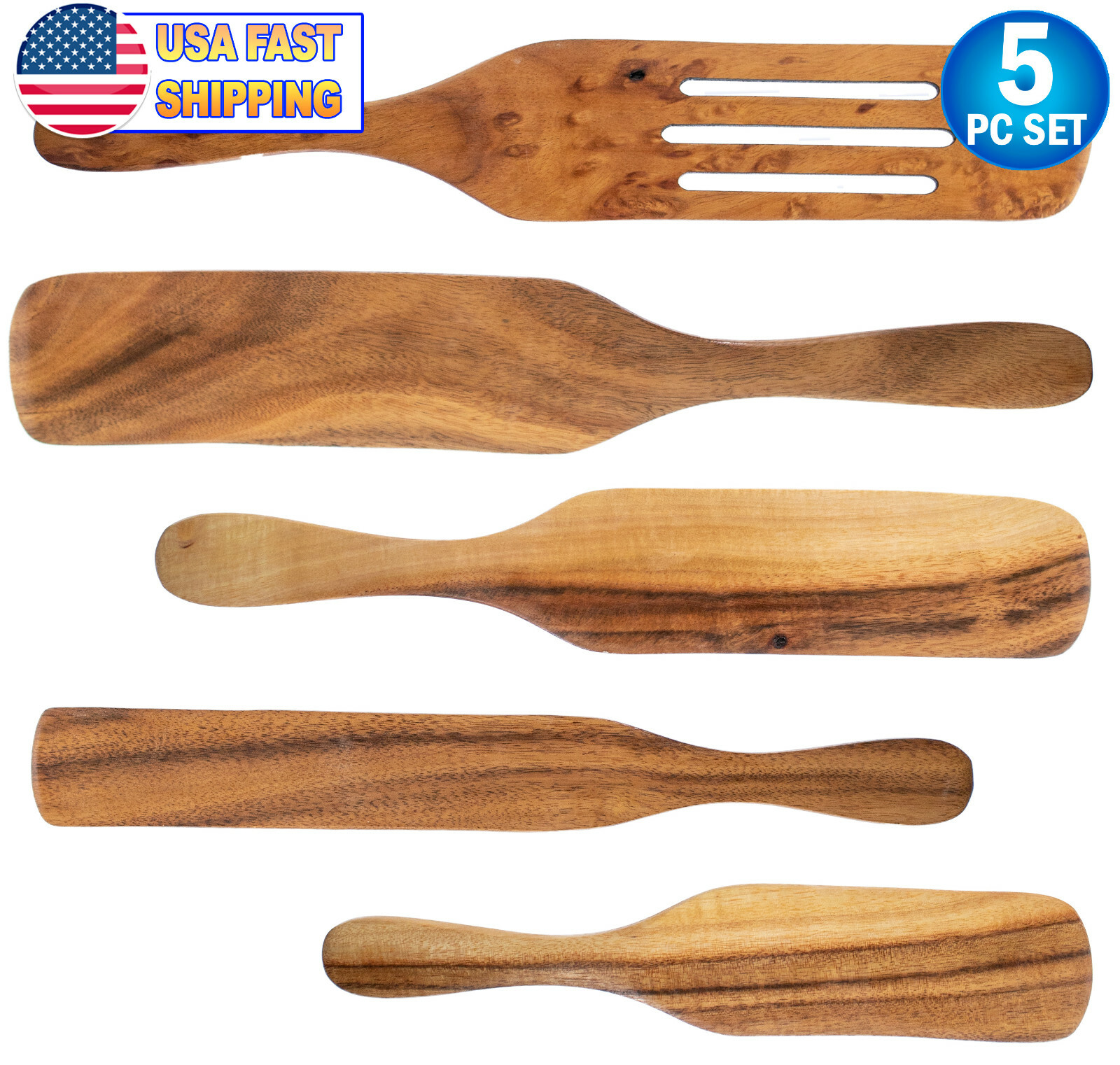 Spurtle Kitchen Cooking Utensil 5pc Set Teak Wood Non Stick Wooden Spatula Spoon gallery