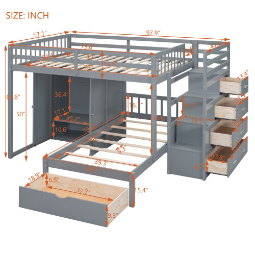 Solid Wood Bunk Beds with Wardrobe and Storage Drawers Staircases Loft Bunk Beds gallery