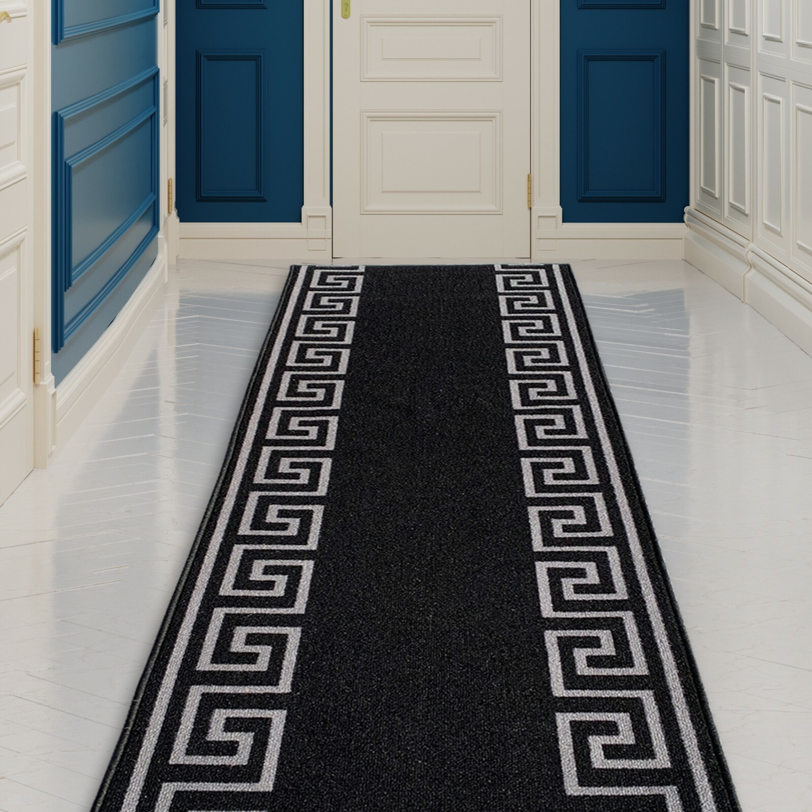 Custom Size Hallway Runner Greek Key Design Black-Silver 26"&31"By Your Length gallery