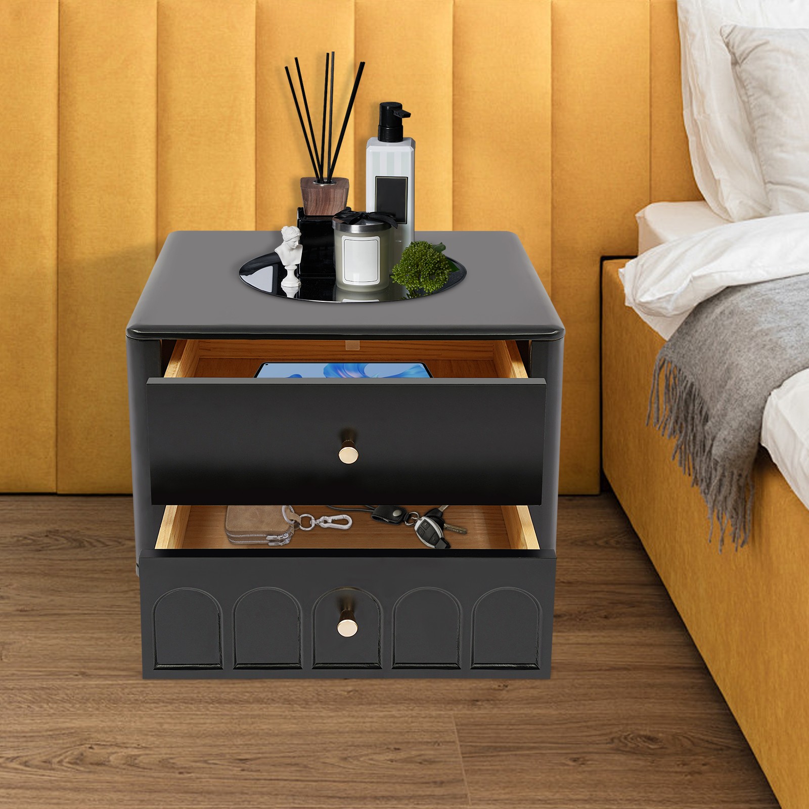 Mid Century Modern Nightstand Bedside Table Drawer Shelf with 2 Drawers Black gallery