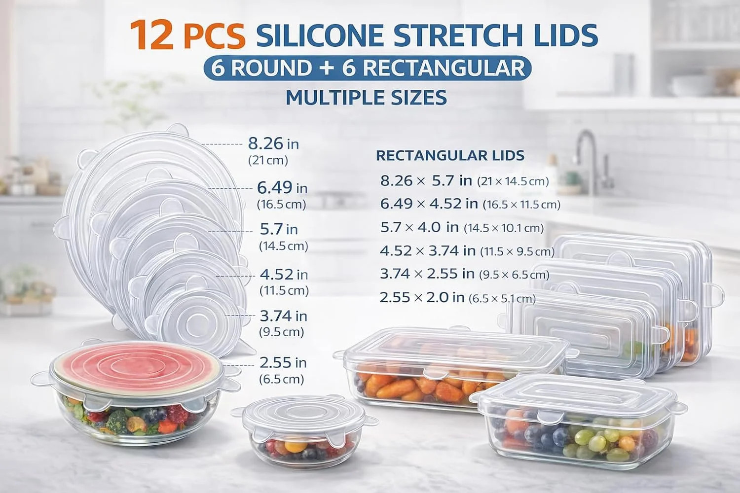 Reusable Silicone Food Covers - 12-Pack Round & Rectangular Lids | BPA-Free, Eco gallery