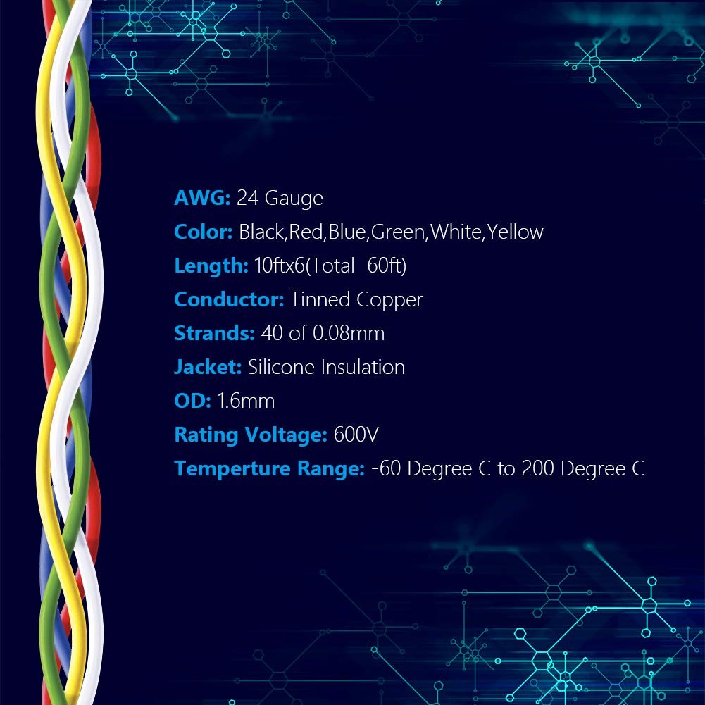 Fermerry 24 AWG Stranded Wire Spool 10FT, Yellow,Blue,White,Green,Black,Red gallery