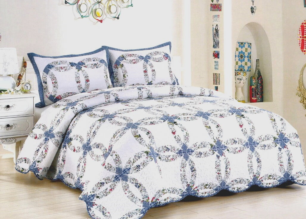 BLUE WEDDING RING Full Queen QUILT SET : COTTAGE ROMANTIC COUNTRY FLORAL GARDEN gallery
