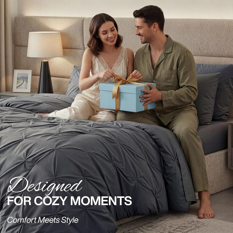 Queen Comforter Set Pintuck 7 Piece, Grey, Bed in a Bag 2 Pillow Shams, Flat & F gallery