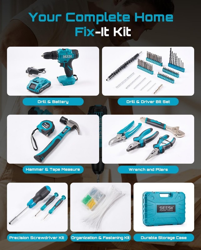 190pcs Cordless Drill Tool Kit 21V Electric Drill Driver Tool Box with Battery gallery