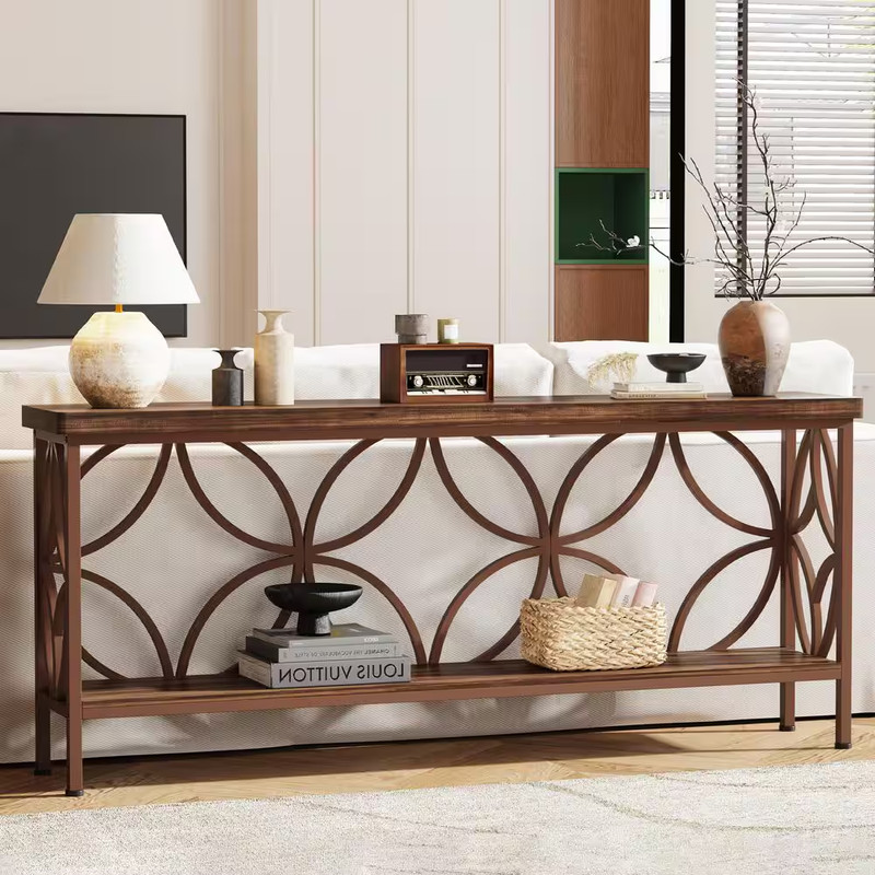 70.9 In. Walnut Cherry Brown Rectangle Engineered Wood Console Table with Storag gallery