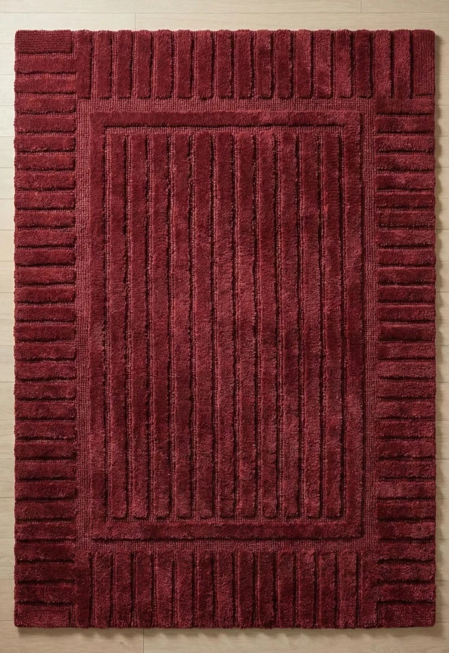 Hand Tufted Wool Rug Burgundy Textured Modern Area Rug High-low Pile Design 8x10 gallery