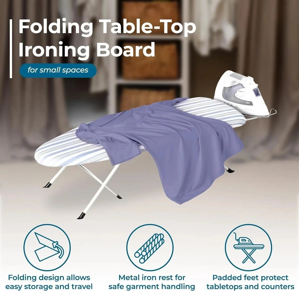 Folding Tabletop Ironing Board with Iron Rest, Blue, 32” L X 12” W, Steel Frame gallery