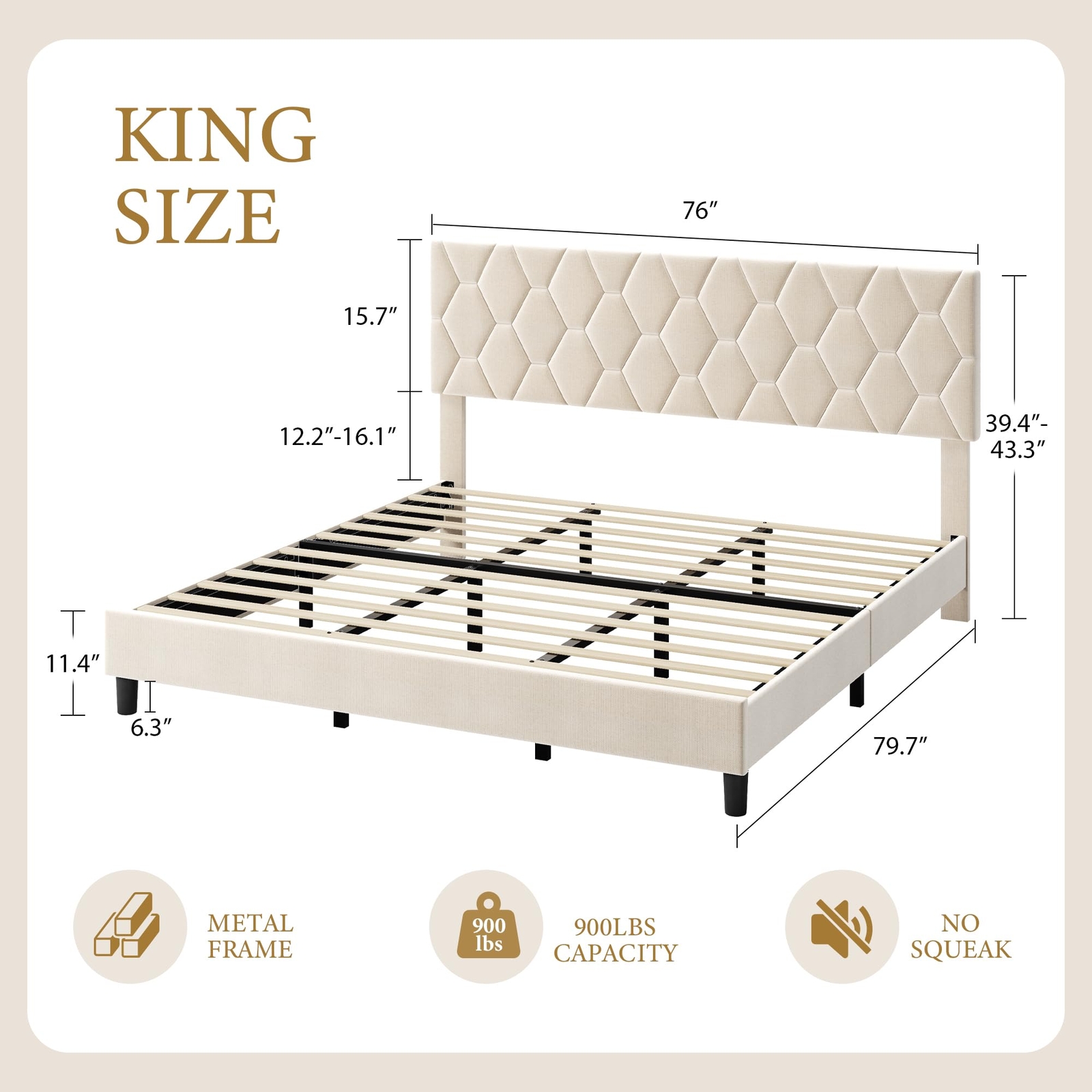 King Size Modern Platform Bed Frame with Upholstered Headboard, Easy Assembly gallery