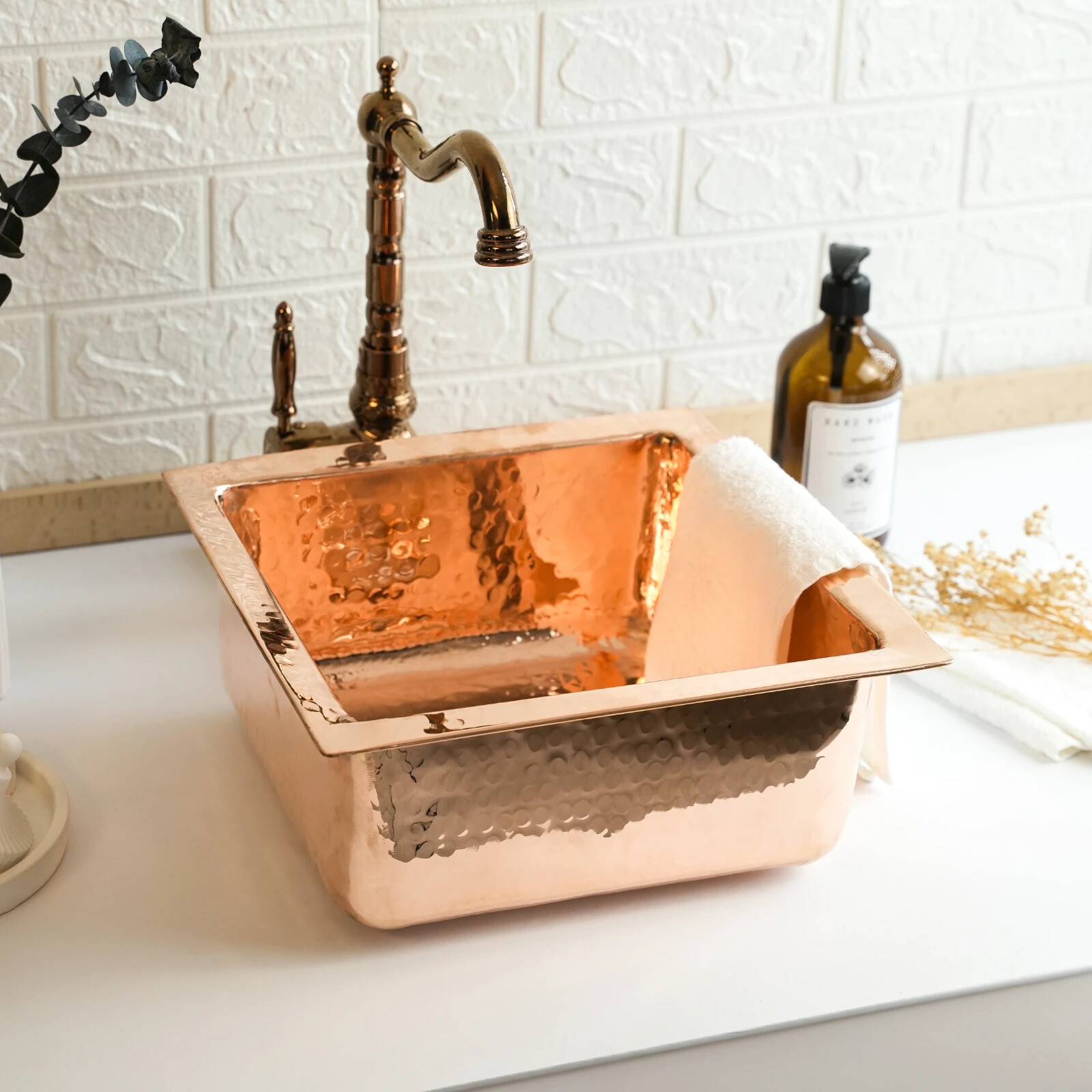 Hammered Pure Copper Drop-In Square Sink with Drain Cap for Kitchen & Bathroom gallery