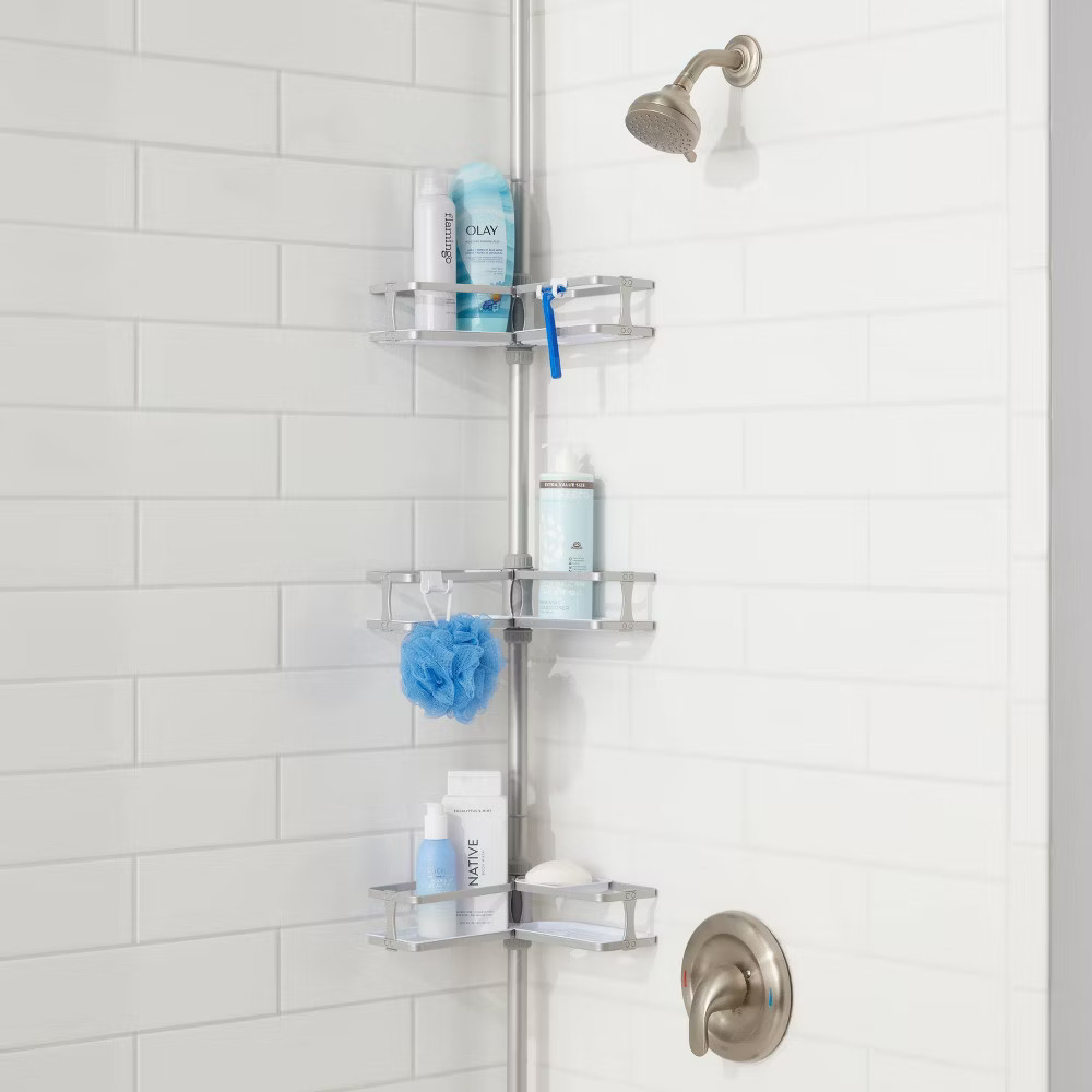 Threshold Tension Pole Aluminum Shower Caddy Bathroom Corner Shelf Organizer gallery