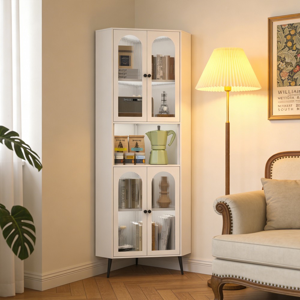 Corner Cabinet, 73'' Metal Storage Cabinet Corner Organizer with Doors White gallery