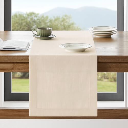 Linen Textured Border Table Runner, 14 x 48 Inch Farmhouse 14x48 Inch Cream