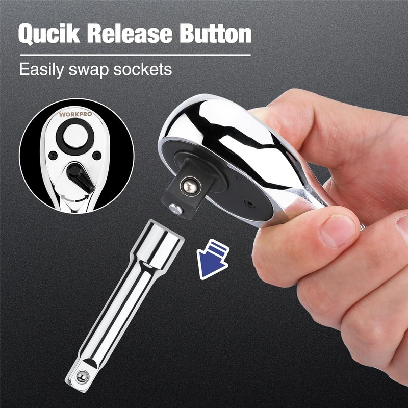 WORKPRO 3PC Stubby Ratchet Set Quick Release 1/4" 3/8" 1/2" Drive Ratchet Handle gallery