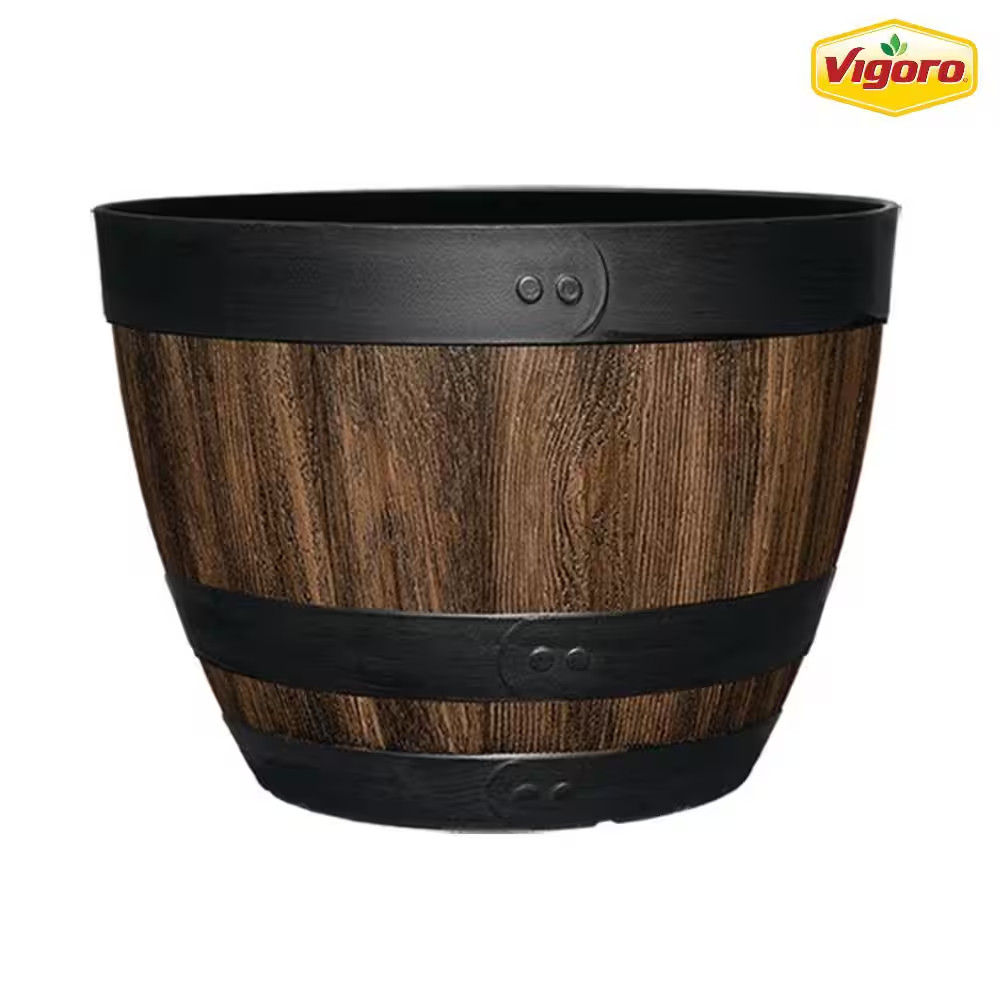 Reedley Large Kentucky Walnut Brown Resin Wine Barrel Lightweight round Planter gallery