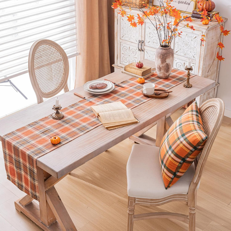 Plaid Fall Thanksgiving Table Runner, Autumn Holiday Rust Orange Table Runners 7 gallery