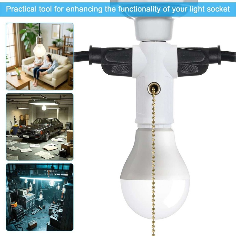 E26/E27 Light Bulb Socket Adapter With 2 AC Outlet Plug And Pull Chain Switch gallery