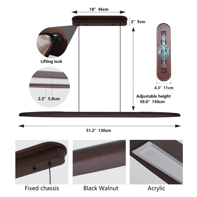 51 in 3CCT Remote Walnut Linear LED Pendant Chandelier Living Room Light Fixture gallery