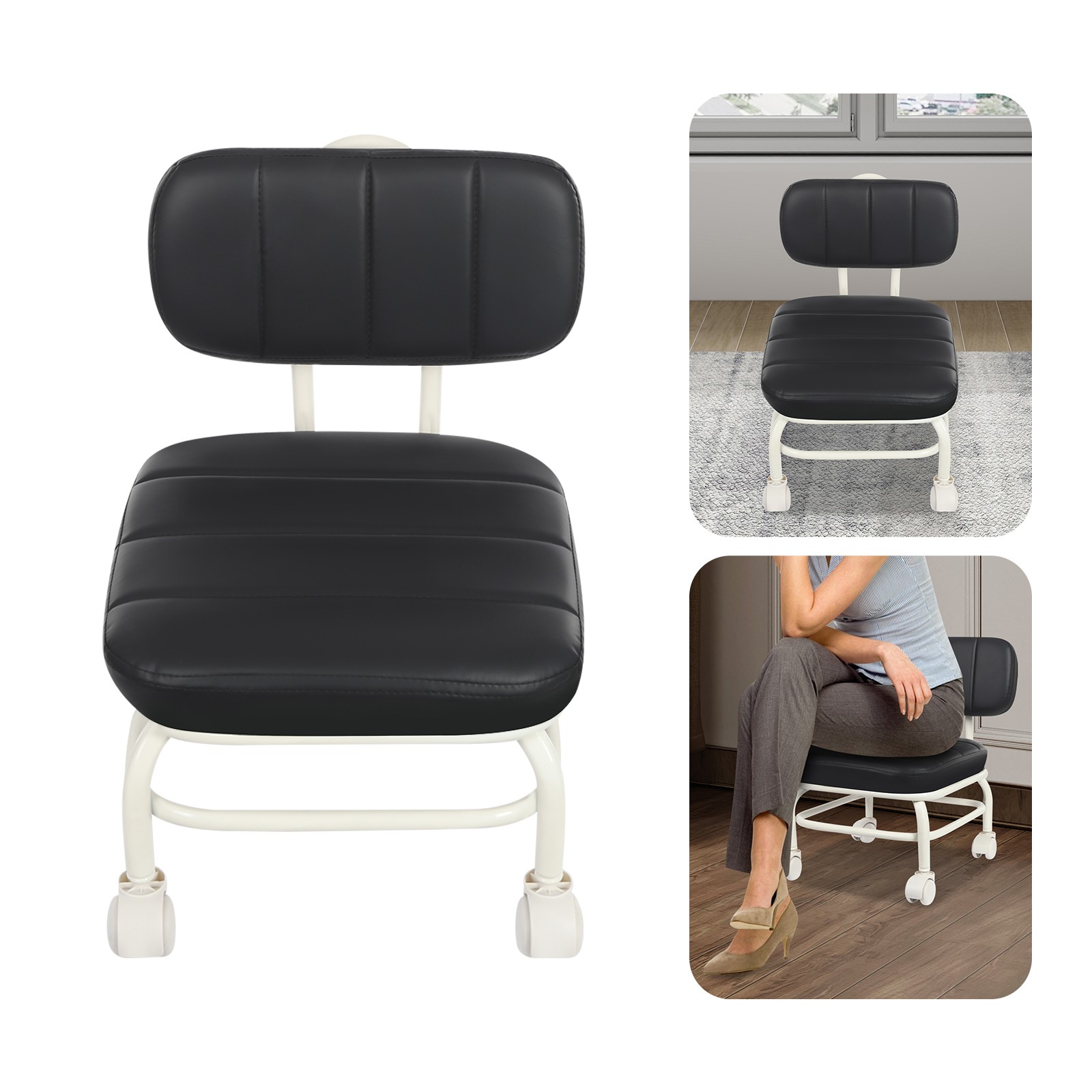 Low Rolling Stool, Roller Seat with Universal Swivel Caster Wheels & Backrest gallery