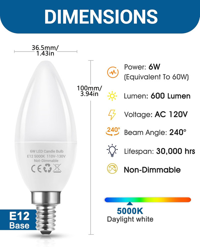 E12 LED Candelabra Light Bulbs 60 Watt Equivalent, 5000K Daylight White Type B L gallery