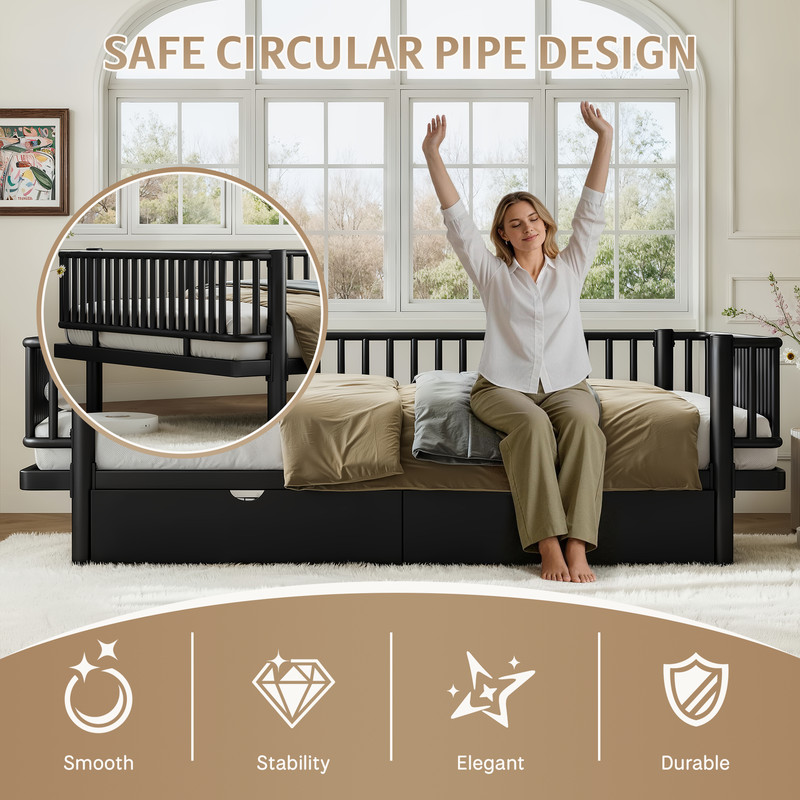 Queen Size Metal MDF Platform Bed Frame Daybed Slatted W/ Storage Drawers Black gallery