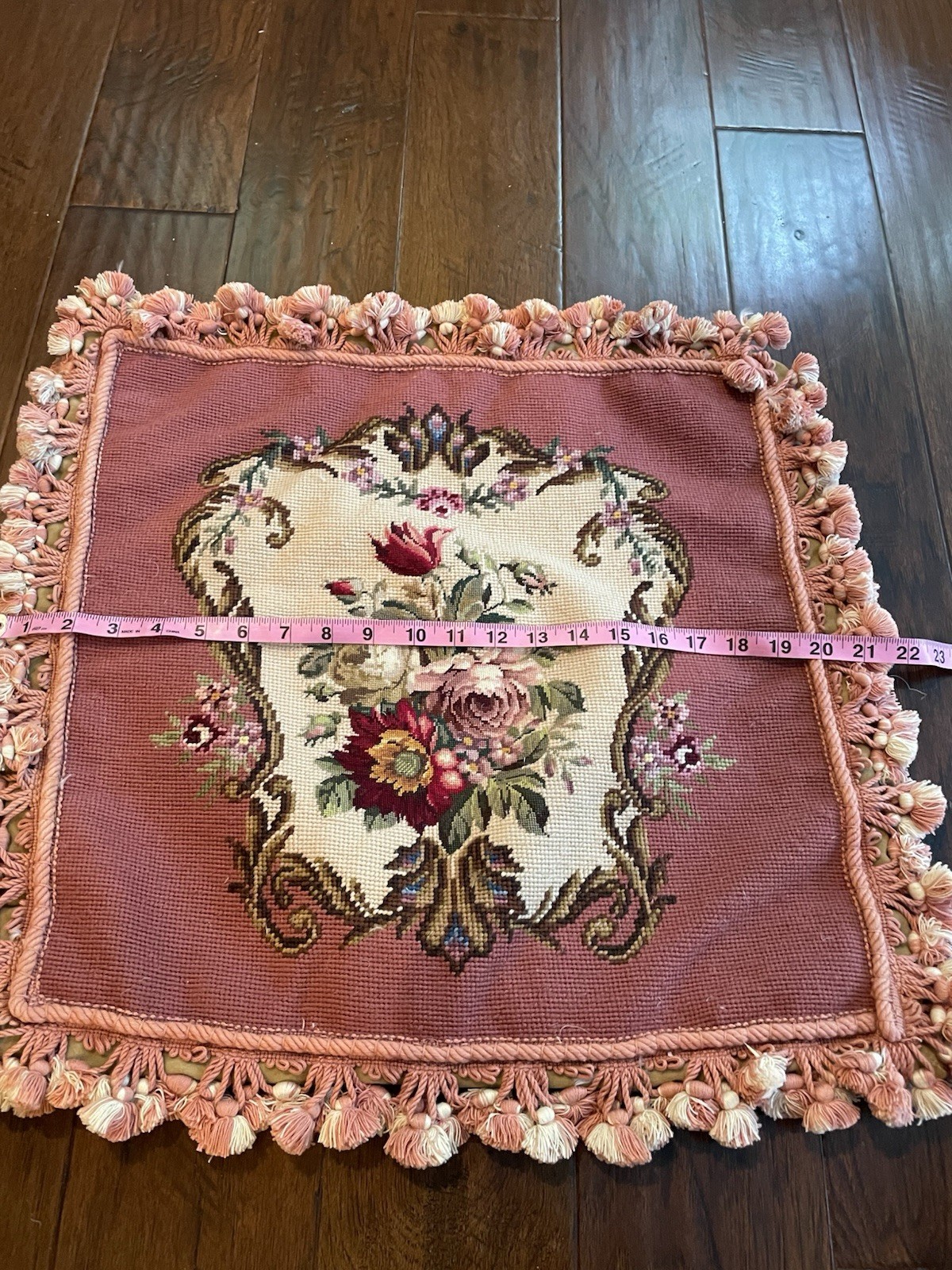 Beautiful Wool Petit Point Needlepoint Floral Tasseled Velvet Throw Pillow Cover gallery