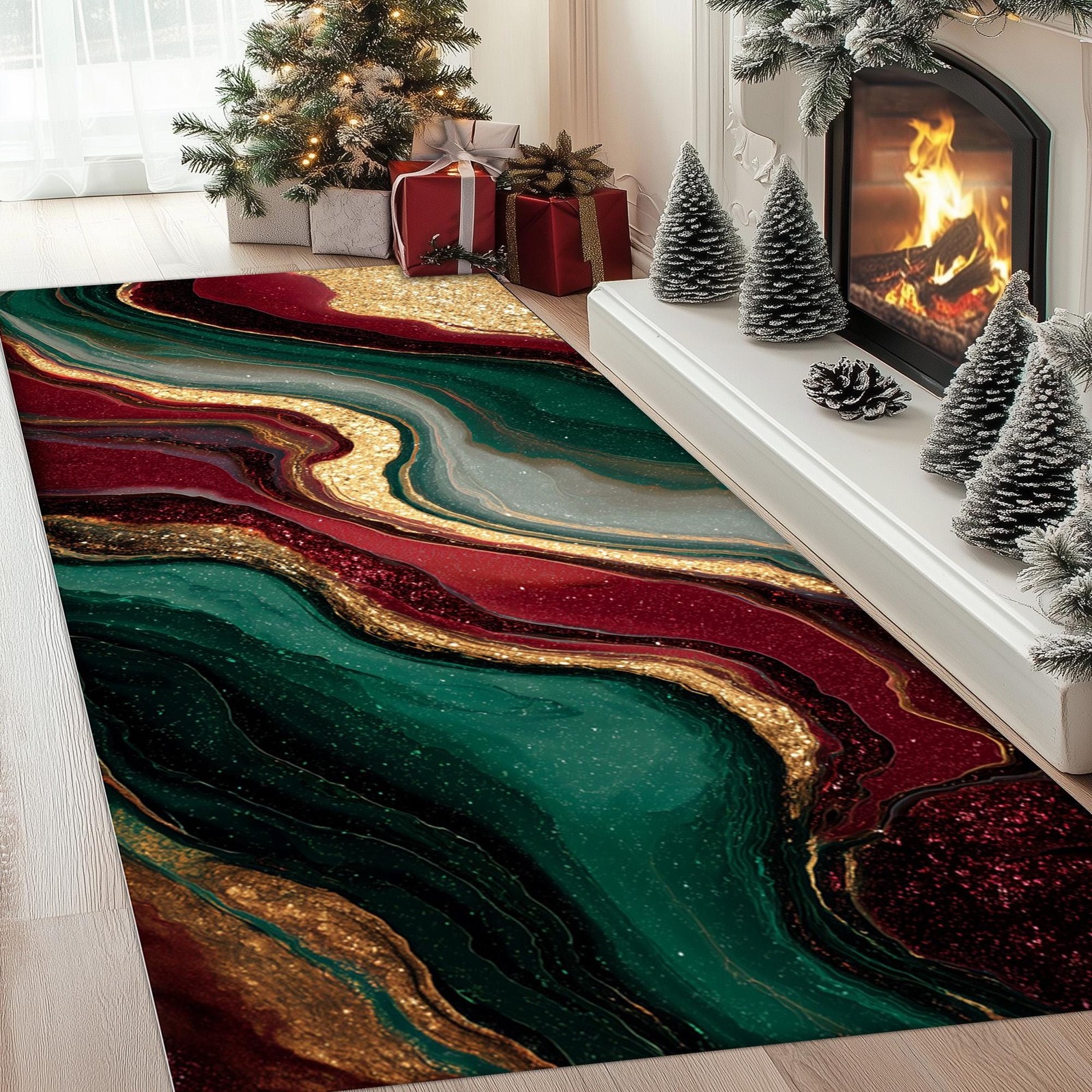 Red Green Gold Marble Runner Rug Festive Christmas Decor gallery