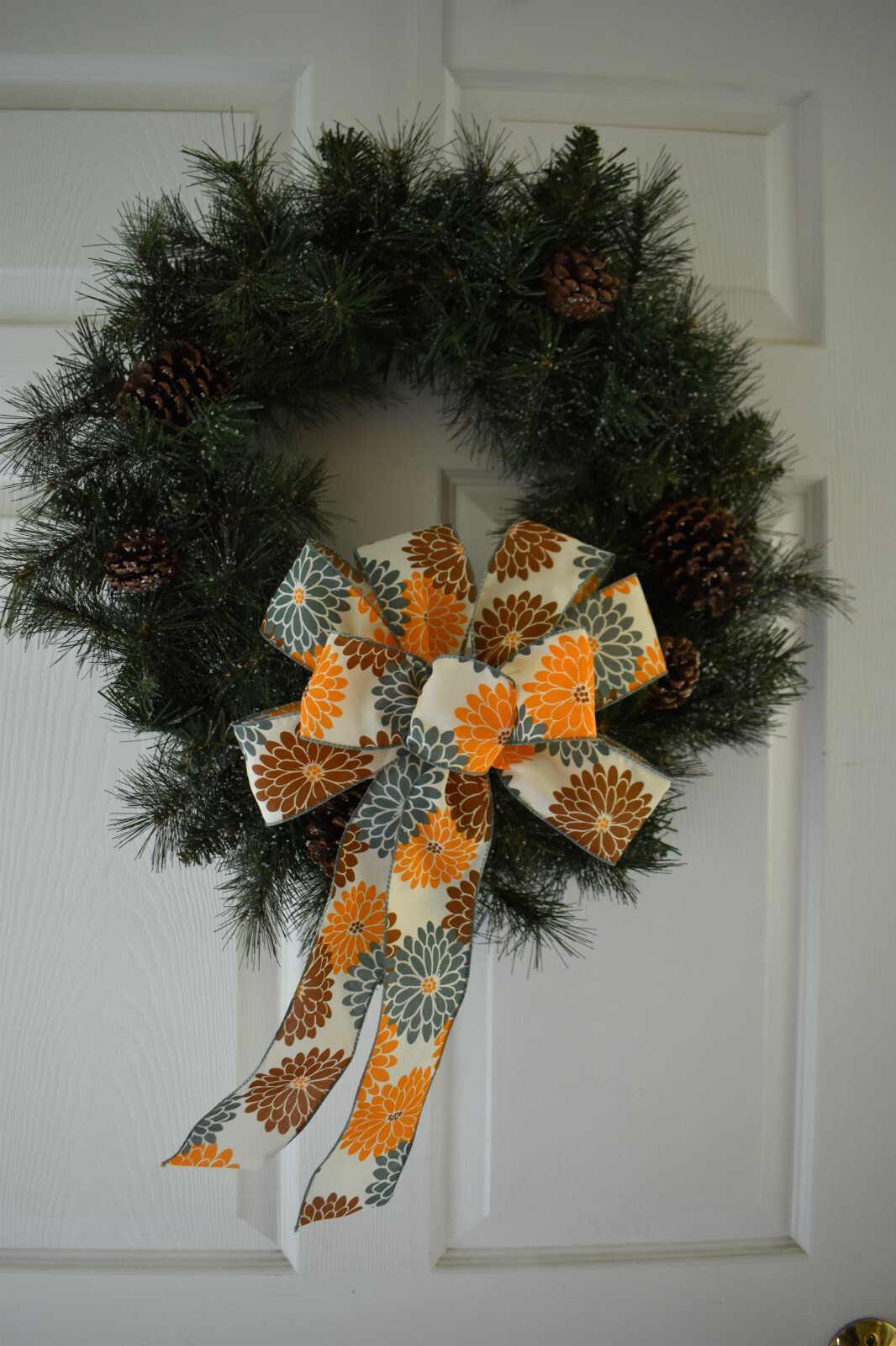 Large 10" Hand Made Orange Brown and Blue Mums Wired Bow Autumn Fall Wreath gallery