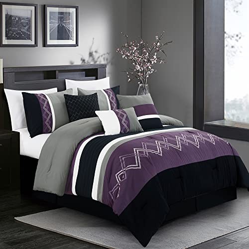 Arden 7-Piece Modern Pleated Stripe Embroidered Queen Purple/Black/Gray/White gallery