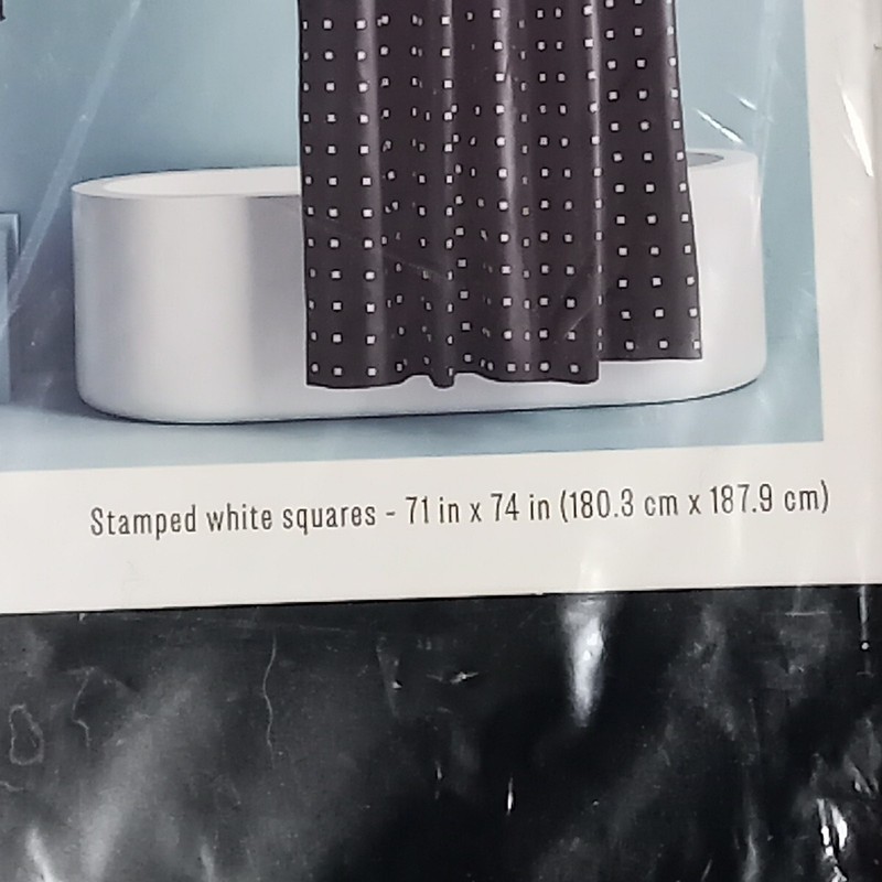 Hookless Shower Curtain Uses No Hooks Or Liner White Squares On Black 71" X 74" gallery