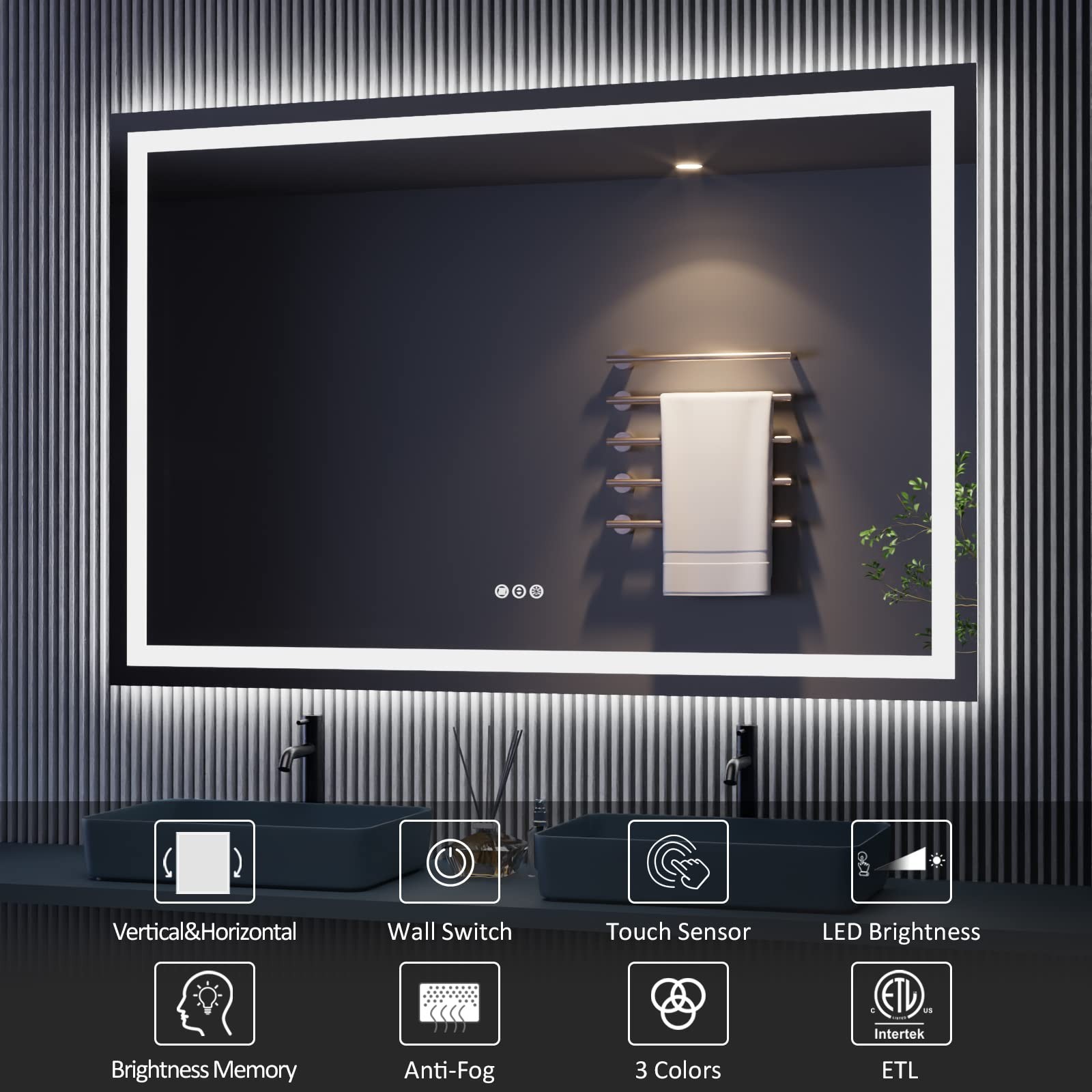Mirror Bathroom 48 L x 36 W Front Backlit Dimmable Anti Fog Amorho LED Backlight gallery