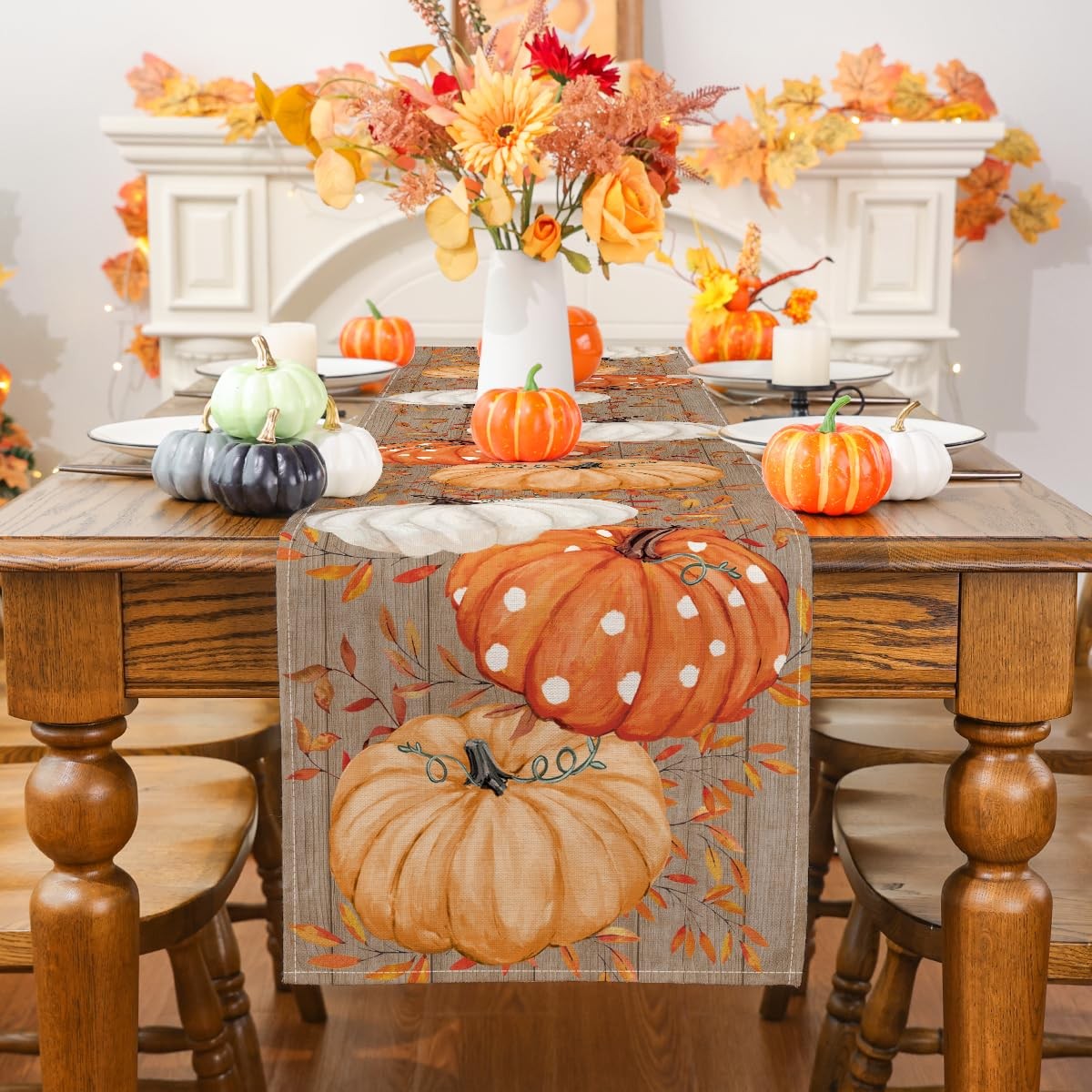 Fall Table Runner Wood Eucalyptus Orange Pumpkin Seasonal Autumn 13x48 Inch gallery