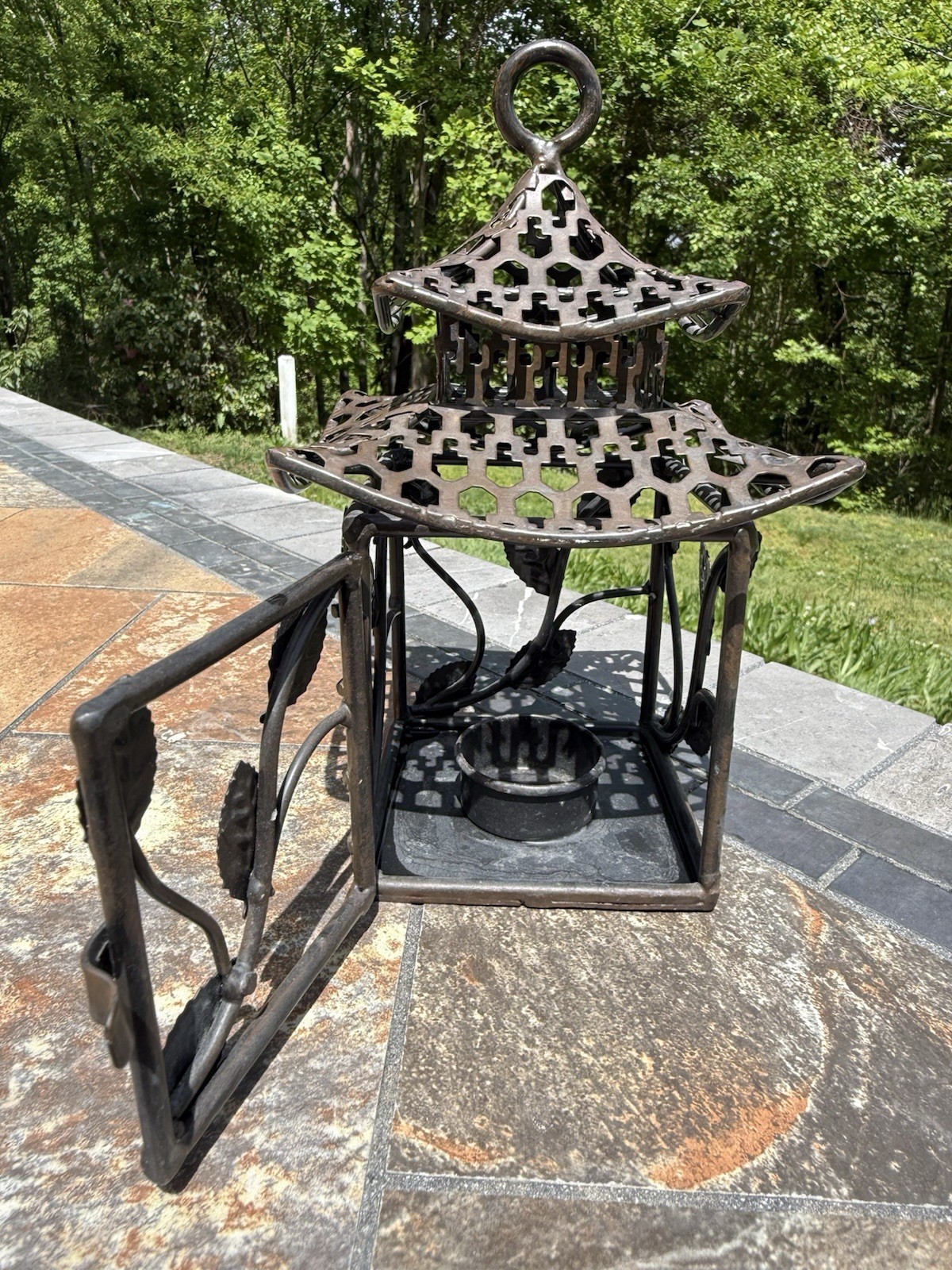Vintage Cast Metal Pagoda Lantern / Decorative Asian-Style Outdoor Sculpture gallery