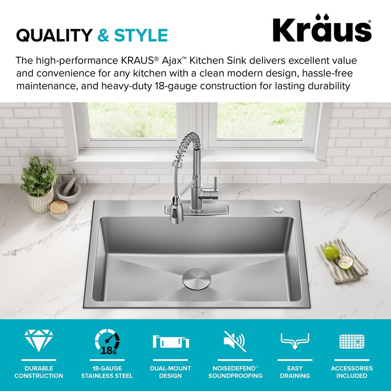 KRAUS Ajax 33" SS Drop-In/Undermount Single Bowl Sink-Certified Refurbished gallery