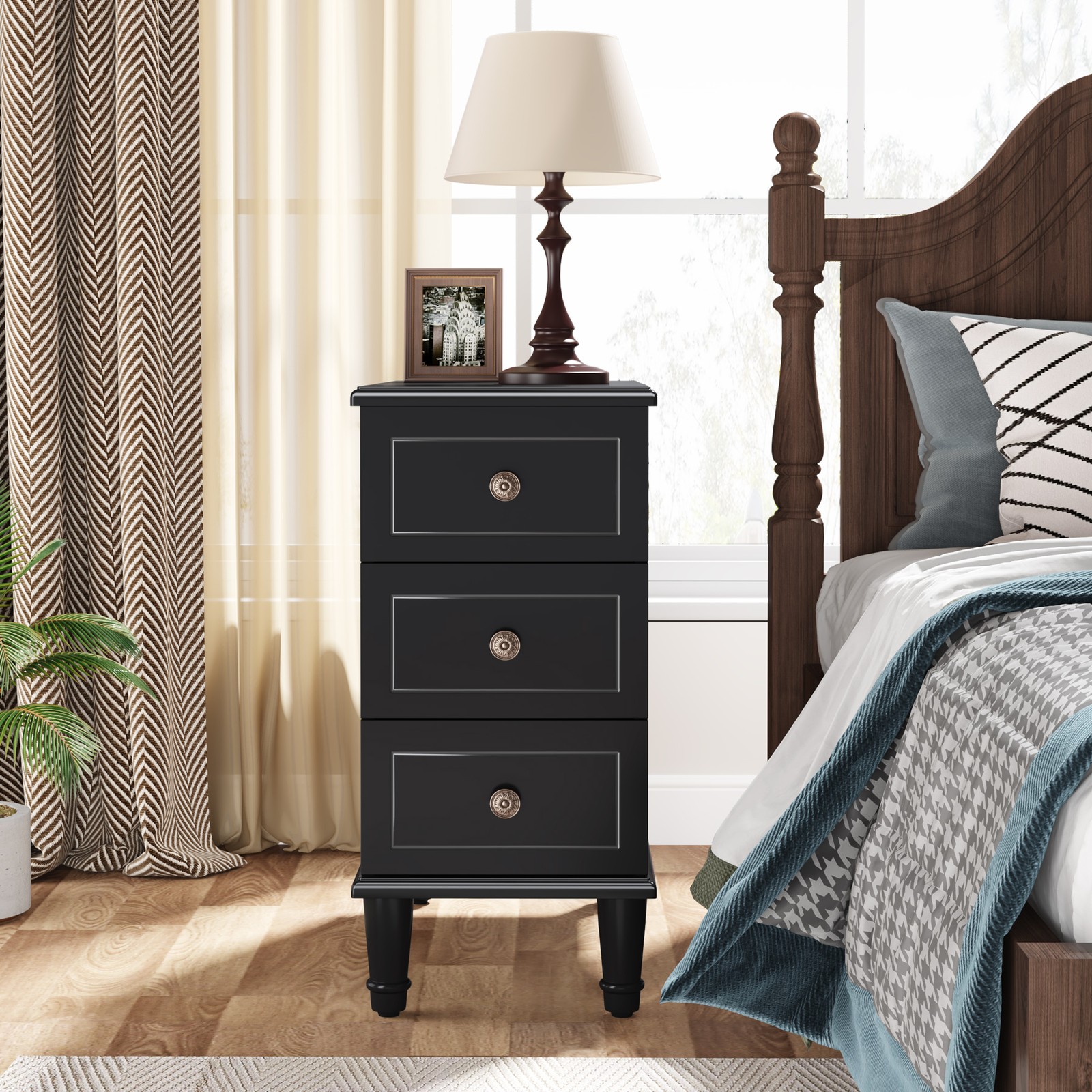 Solid Wood End Table, Fully Assembled Narrow Side Table with 3 Drawers Black gallery