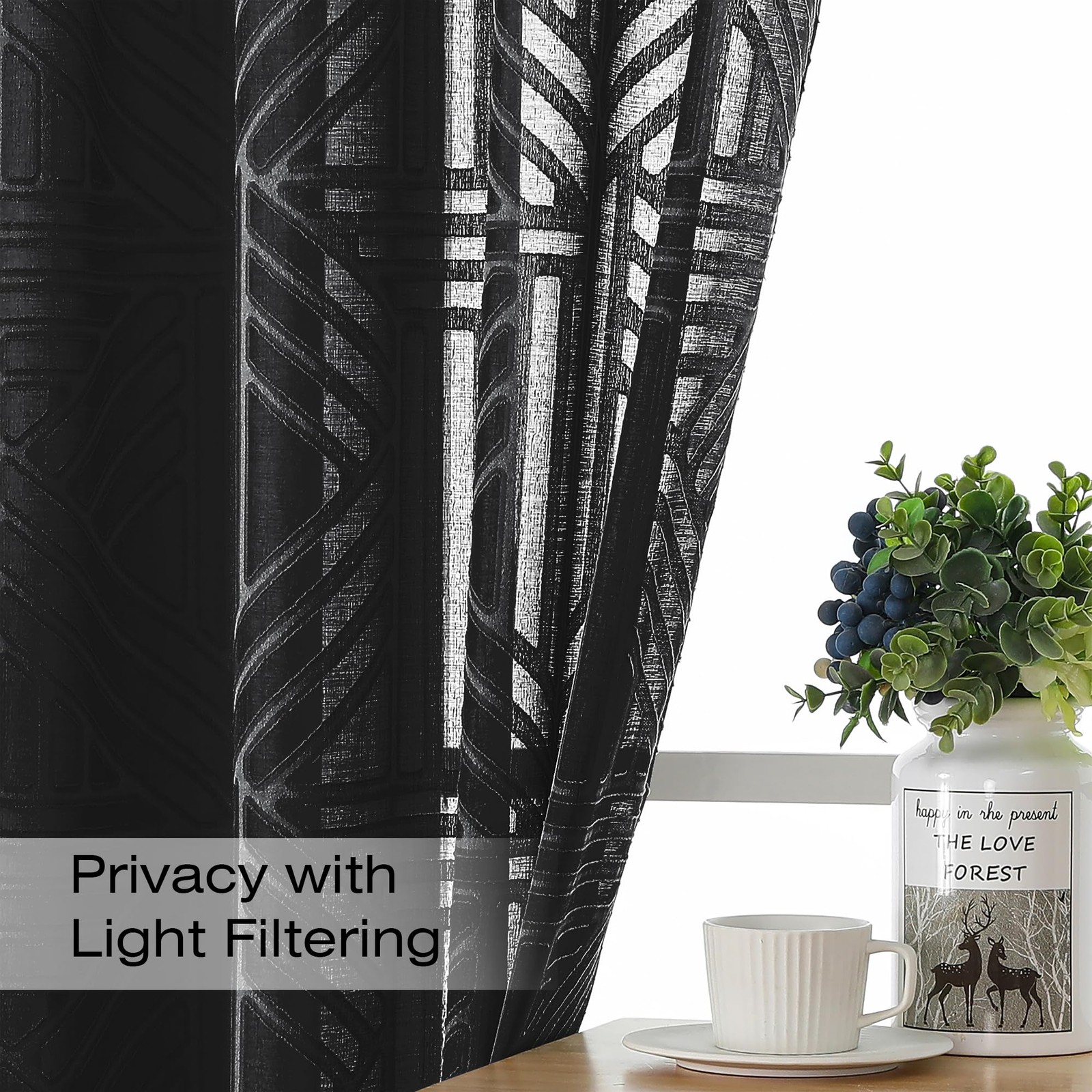 Semi Sheer Window Curtains, 84 Inch, 2 Panels, Jacquard Weave, Black gallery