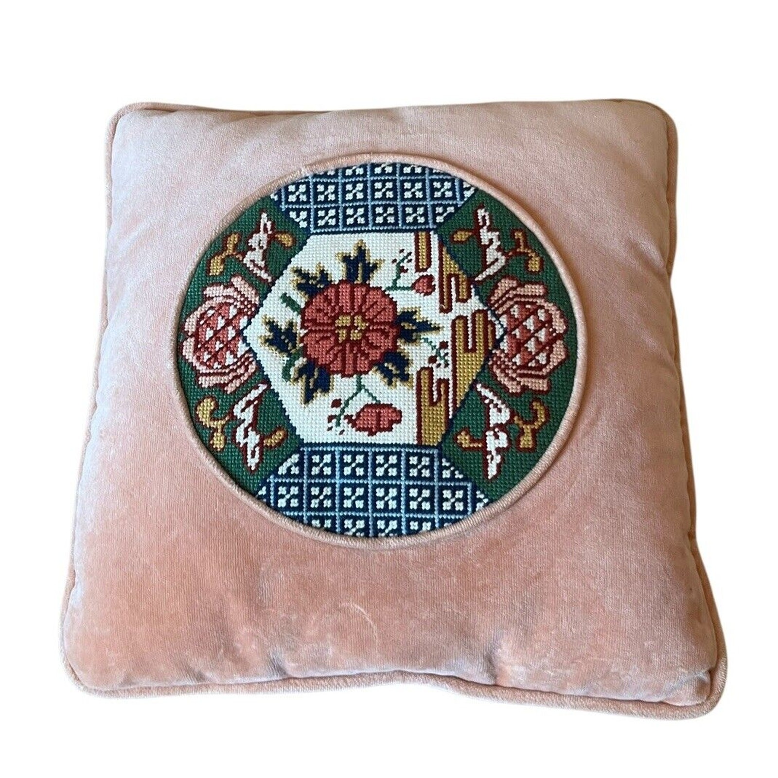 VTG Floral Petit Point Needlepoint Pillow Peach Velvet Cottage Core 13” Square gallery