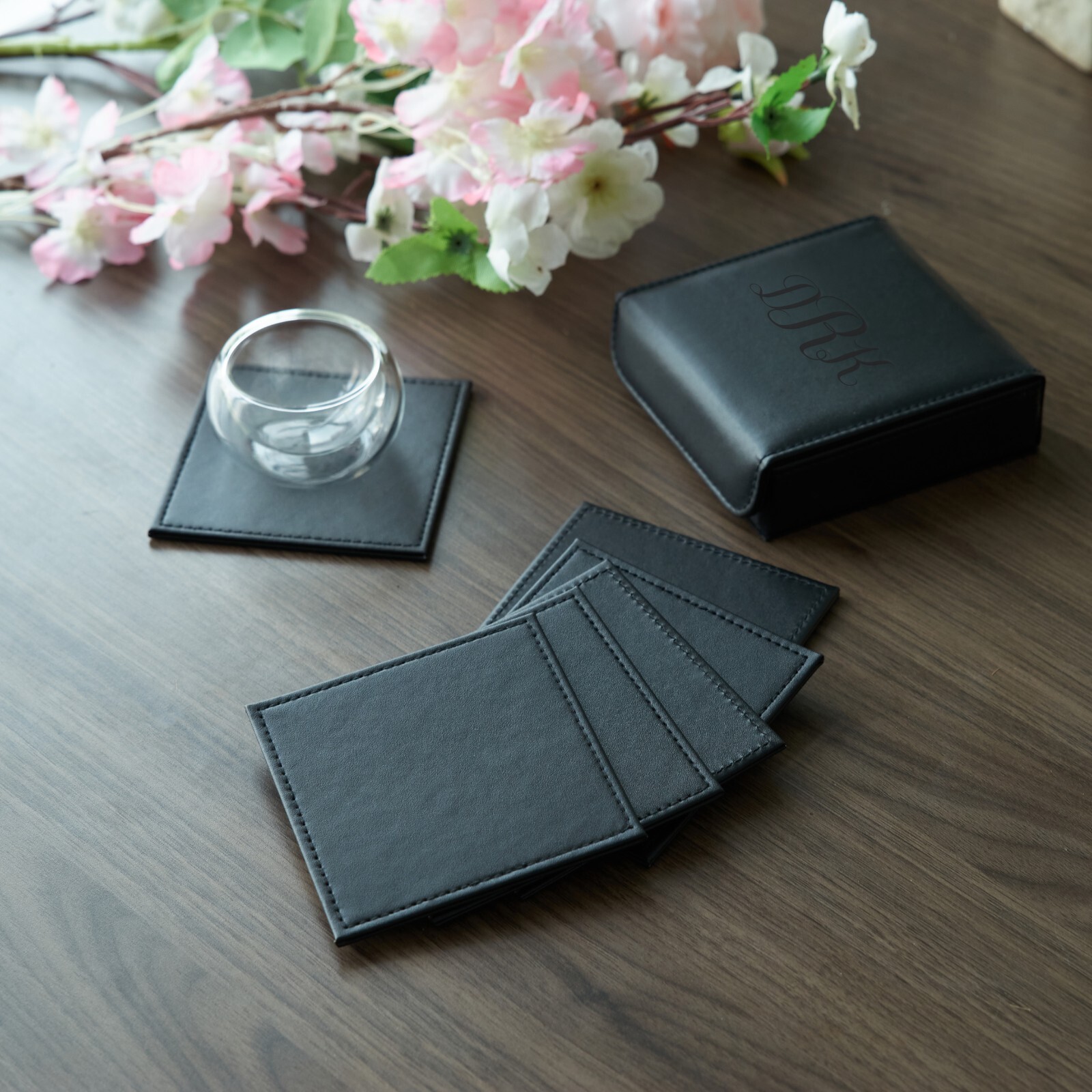 Personalized 6-Piece Leather Coaster Set in Box | Monogrammed Drink Coasters gallery