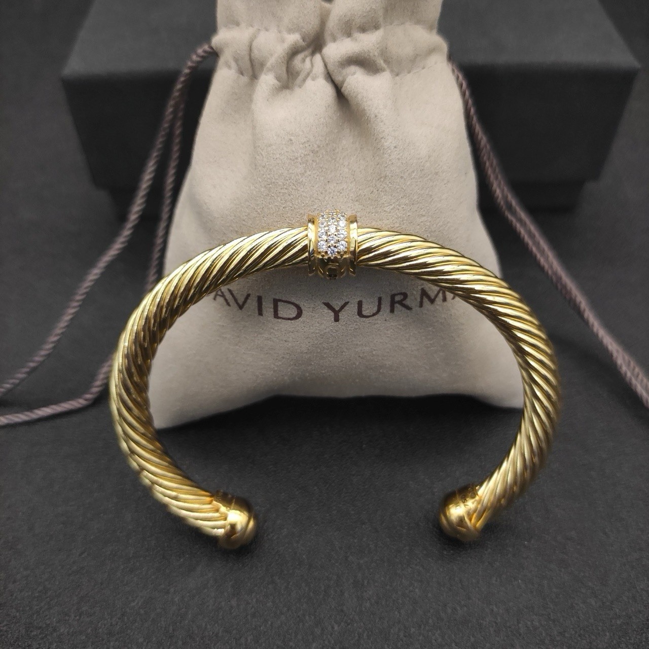 David Yurman 18K Yellow Gold Cable Cuff Bracelet w/ Round Diamond Pavé gallery